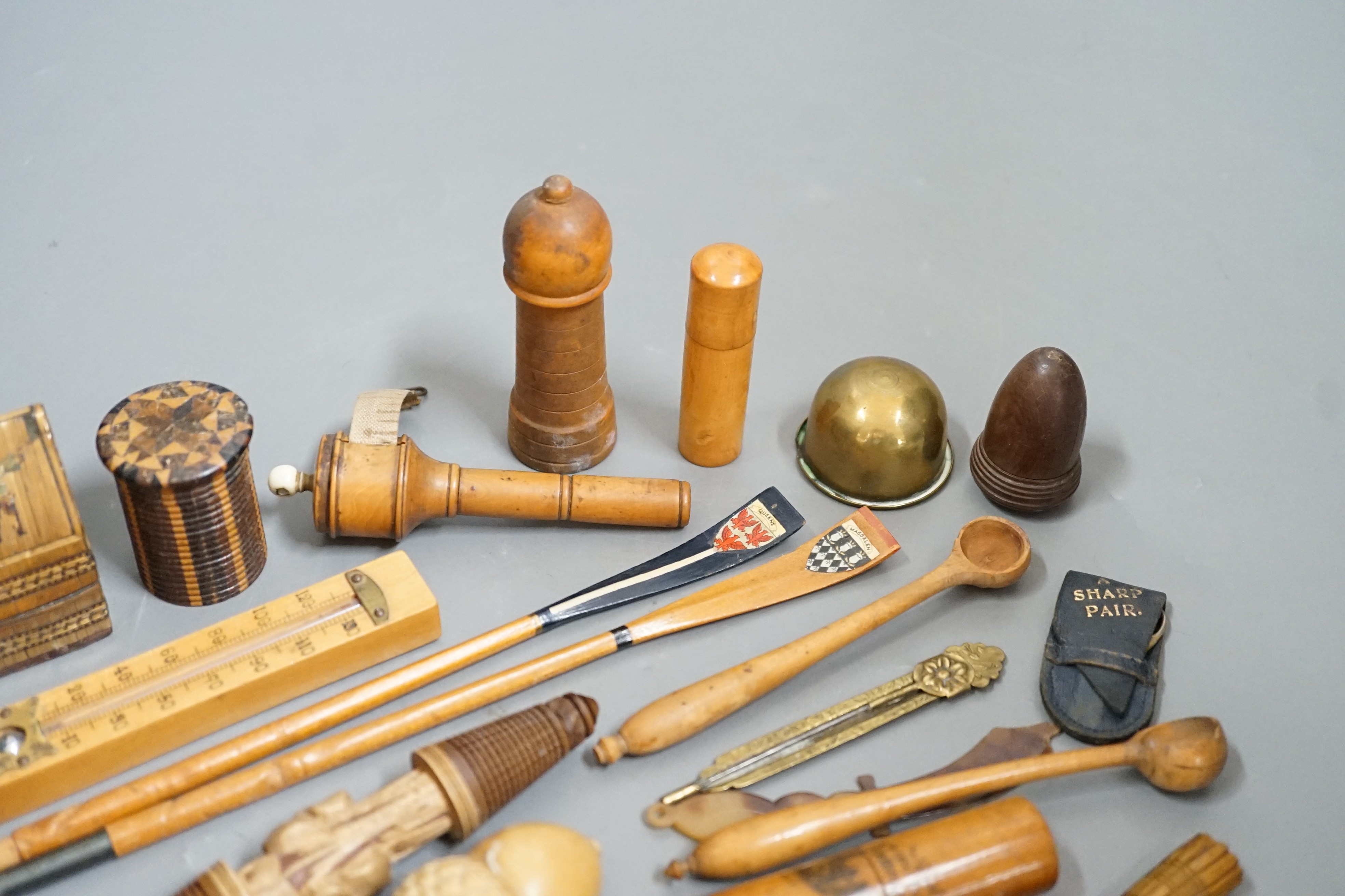 A quantity of various treen items including Tunbridge stickware items etc